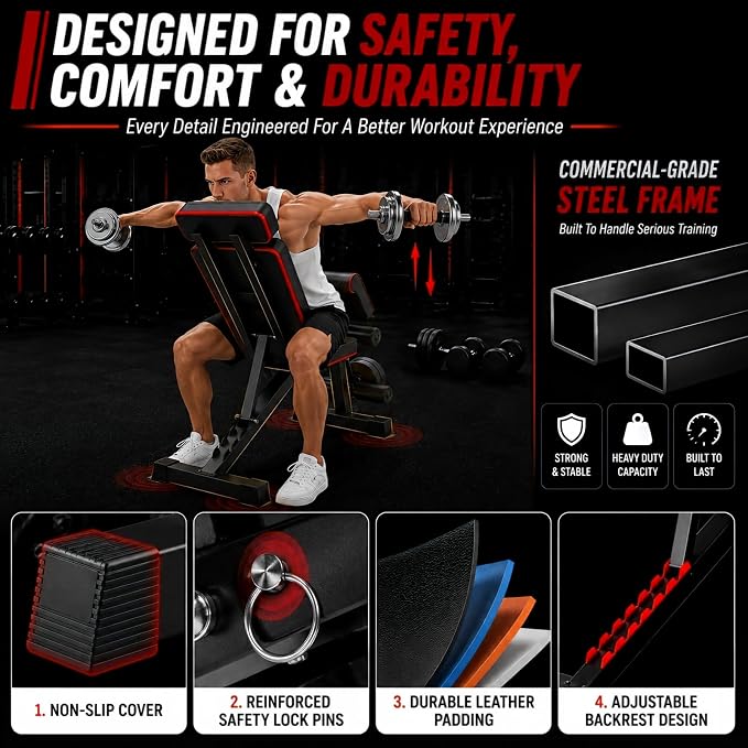 Adjustable Weight Bench, Foldable Workout Bench Press for Home Gym | Heavy duty utility incline decline flat bench with preacher curl, leg extension for full-body strength training.