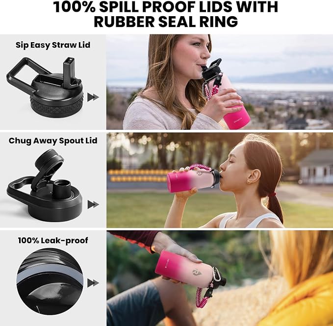 RAYMYLO Insulated Water Bottle 32 oz, Triple Wall Vacuum Stainless Steel | (Cold for 24Hrs, Hot for 12Hrs), Leak Proof & Non-BPA, Modern Water Flask Jug with Paracord Handle & Straw Spout Lids