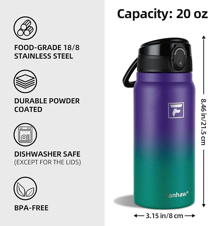 Fanhaw 20 Oz Insulated Stainless Steel Water Bottle with Chug Lid – Wide Mouth, Leak-Proof, BPA-Free – Ideal for Kids, Adults, Sports, Gym, and Outdoor Use (Purple Green)