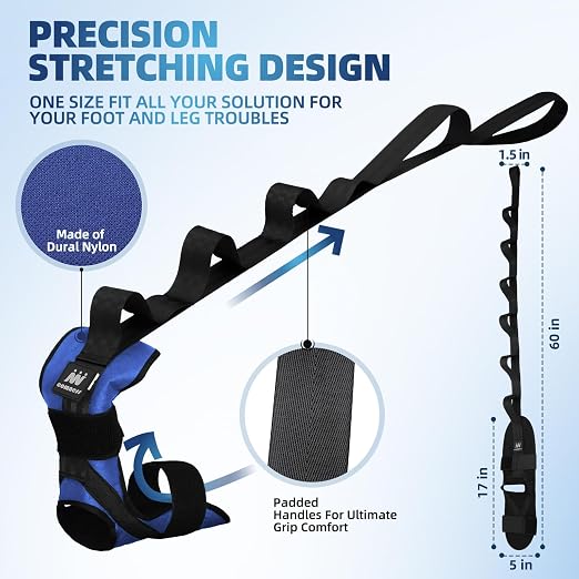 comness Foot and Calf Stretcher-Stretching Strap For Plantar Fasciitis, Heel Spurs, Foot Drop, Achilles Tendonitis & Hamstring. Yoga Foot & Leg Stretch Strap. (Blue)