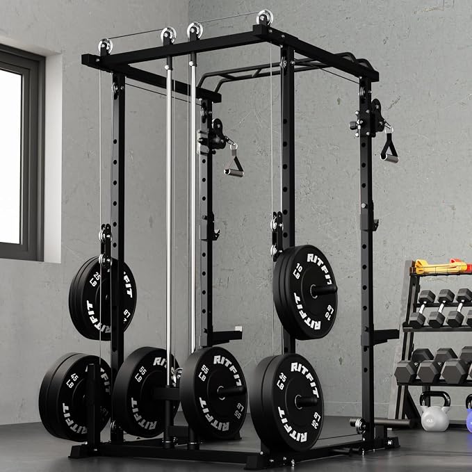 RitFit PPC-P3 Power Cage with Cable Crossover System, 1200LB Capacity | LAT Pulldown & Cable Crossover System with Bumper Plate Set, Olympic Barbell, Bench