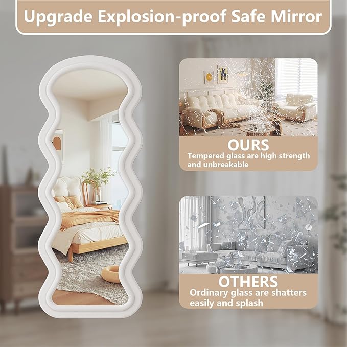 Full Length Mirror, 63"x24" Wavy Full Body Mirror Flannel | Full Body Mirror with Stand, Flannel Mirrror Bedroom and Living Room, Wall Mirror Hanging or Leaning, White