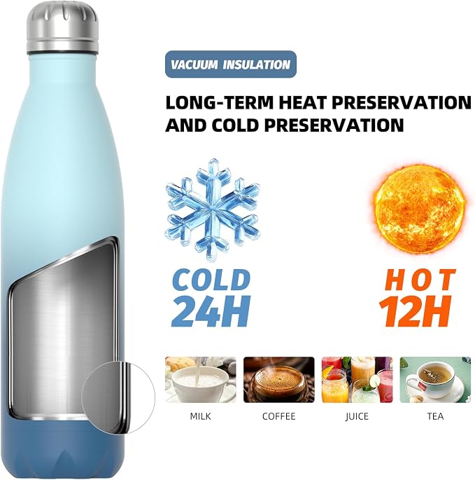 WATERSY Stainless Steel water bottles,17oz/500ml Insulated Water Bottle | Ocean Blue metal water bottle Keeps Drink Cold and Hot,BPA Free kids water bottles for School,Gym,Travel,Sports