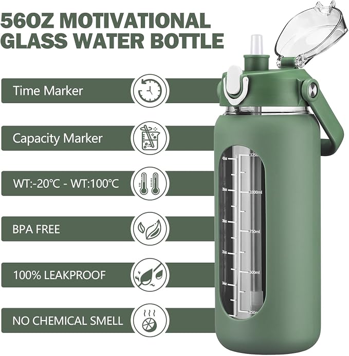 56oz Glass Water Bottles with Straw, Motivational Glass Bottle with Silicone Sleeve and Time Marker, Leakproof Large Glass Water Jug for Gym Home Office,Olive