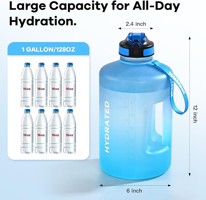 WEMEET 128oz Large Water Bottle with Straw and Time Marker, BPA FREE, 1 Gallon Reusable Motivational Water Bottle, for Gym, Travel, Camping, Hiking (Blue Blue)