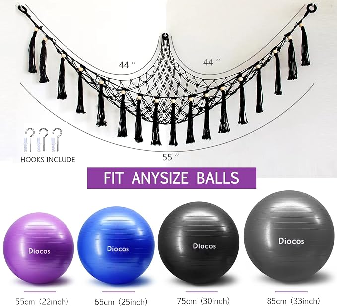 Exercise Ball Holder Yoga Ball Rack Corner Hanging Storage Net or Hammock for Fitness Ball Balance Ball Organizer Pregnancy Stability Ball Swiss Balance Ball for Yoga Studio and Gym