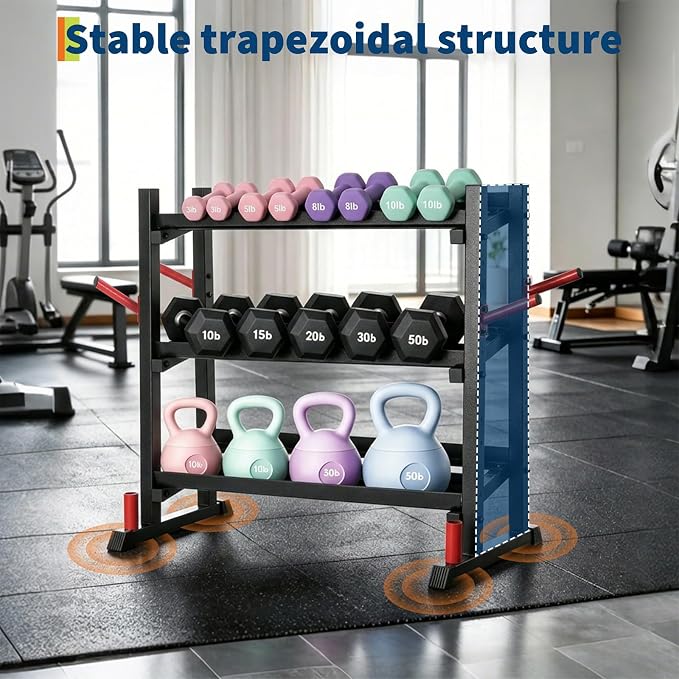 3-Tiers Dumbbell Rack, 1300LB Capacity Adjustable Weight Rack for Home Gym, H-Frame & Trapezoidal-Frame Weight Stand for Dumbells, Kettlebells, Barbells, Weight Plates