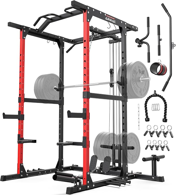 ARMAC Power Cage,1500lbs Multi-Function Power Rack with Adjustable Cable Crossover System and More Training Attachment, Weight Cage for Home Gym