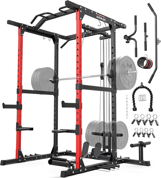ARMAC Power Cage,1500lbs Multi-Function Power Rack with Adjustable Cable Crossover System and More Training Attachment, Weight Cage for Home Gym