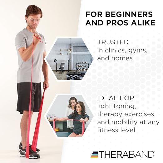 THERABAND Professional Resistance Band, Red Level 2 Medium, 5 ft Exercise | Portable, lightweight, latex. For desk, recovery, gym. Therapy, physical, fitness, strength.