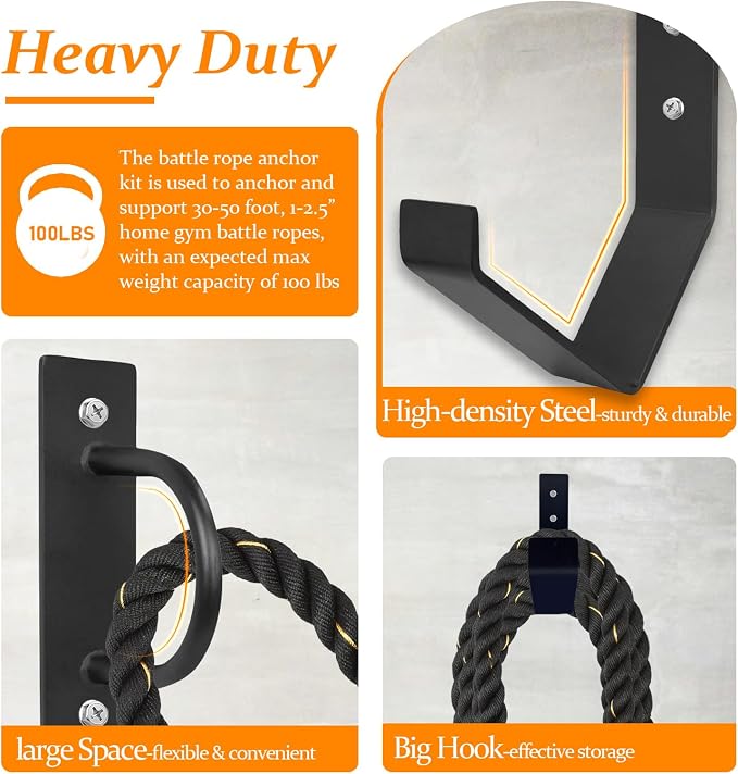 Heavy Duty Battle Rope Anchor Kit Wall Mount | Wall Anchor & Storage Hook for 30-50FT 1-2.5 Inch Battle Ropes, Multi-Functional Wall Bracket for Home Commercial Gym Garage