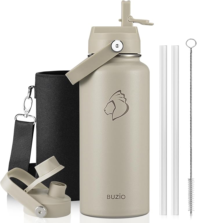 BUZIO Insulated Stainless Steel Water Bottle 32 oz with Straw & Spout Lids | Triple Wall Insulated Tumbler (Dishwasher Safe) ,Cold for 48 Hrs/Hot for 24 Hrs, Leakproof, BPA-free, for Sports, Gym, School