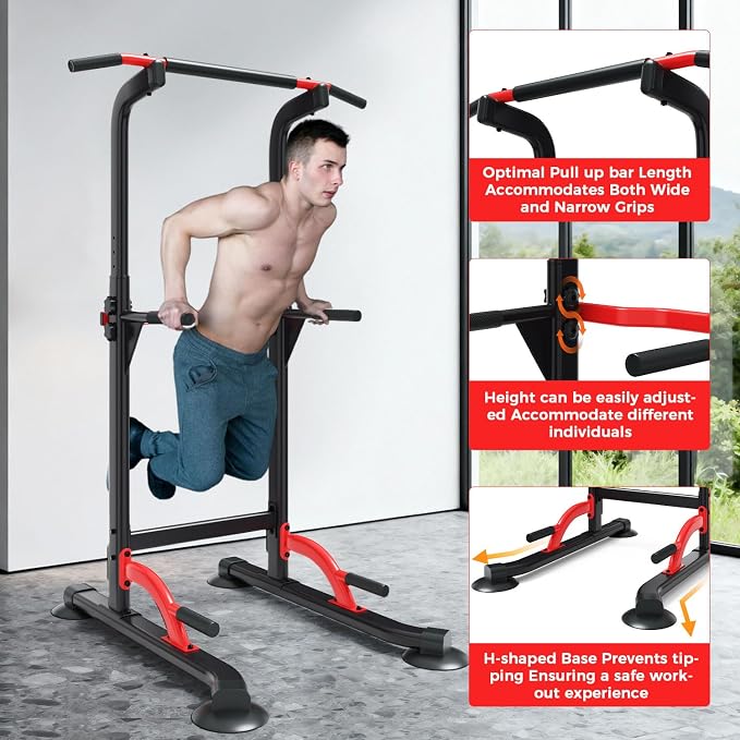 ZENOVA Pull Up Bar Dip Bar Power Tower Workout Dip Station Height Adjustable Free Standing Chin Up Bar for Men Women Teens 300LBS Weight Capacity