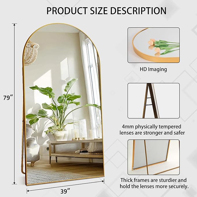 Beauty4U 79" x 39" Arched Full Length Mirror with Stand, Gold Floor Mirror | Large Standing, Leaning, or Wall-Mounted Tempered Full Body Mirror with Metal Frame for Bedroom, Closet, Modern Home Decor