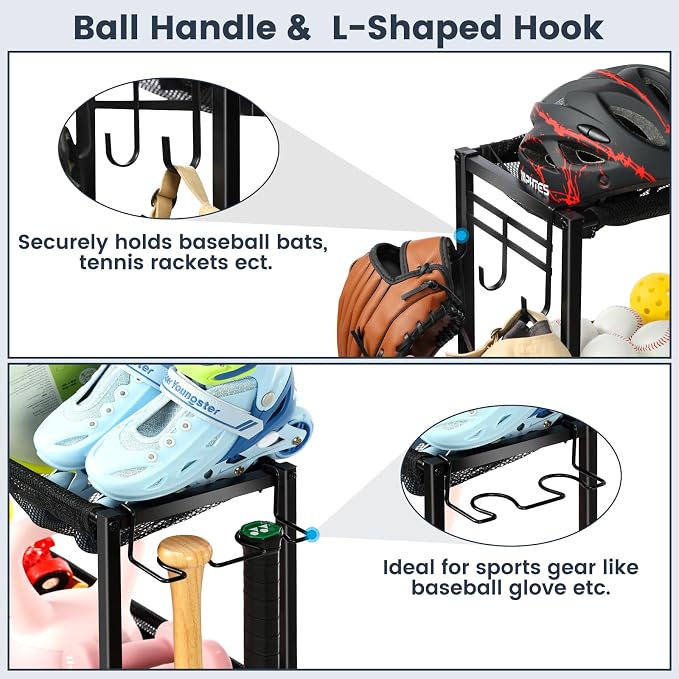 Kinghouse Garage Balls and Toy Organization, with 37 Gal Ball Storage Bin | Sports Rack with Hooks, Elastic Straps Storage for Basketball, Soccer, Tennis, Stick, Racket, Nerf Gun, Toy, Indoor, Outdoor