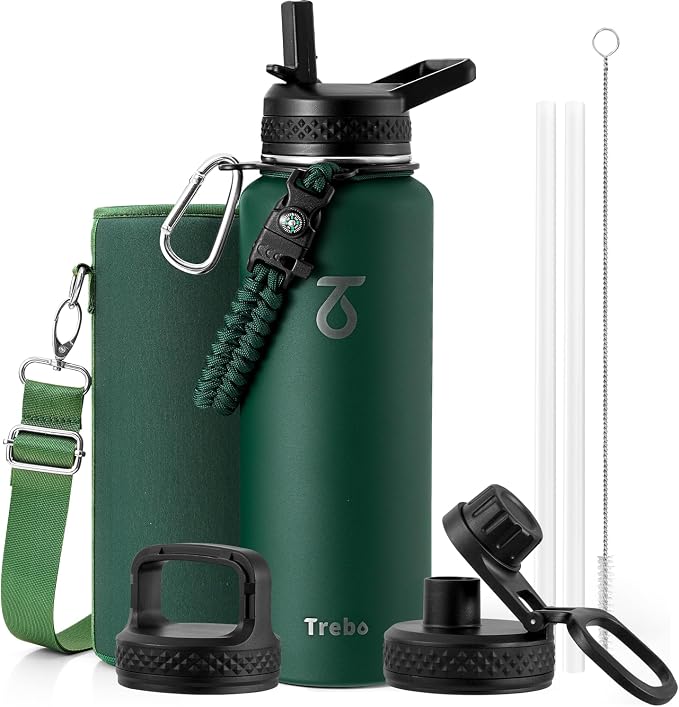 Trebo Water Bottle Insulated 40 oz with 3 Lids, Paracord Handle & Sleeve | Stainless Steel Flask Vacuum, Triple Wall Copper Plated, Dishwasher Safe, Keeps Cold 48Hrs for Hiking, Gym, Wide Mouth
