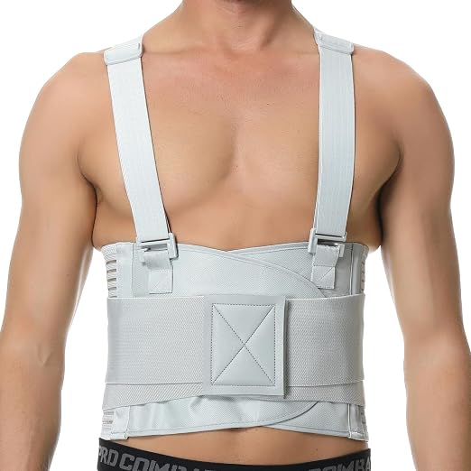 NeoTech Care Back Brace with Suspenders for Work - Industrial Lifting Safety, Elastic Compression, Hook & Loop Closure (Gray, Size XXL)