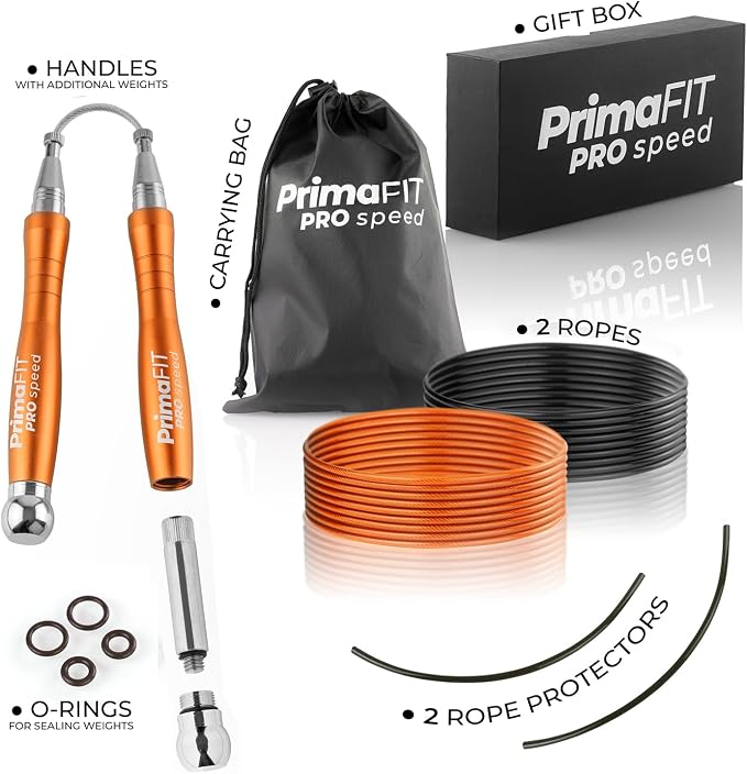 PrimaFIT Pro Speed Jump Rope for Adults, Weighted Skipping Rope for Boxing | Adjustable Jumping Rope for Fitness Workout & CrossFit Exercise, Double Unders, Handle Weights, 3m Cables 2 Protectors, Bag
