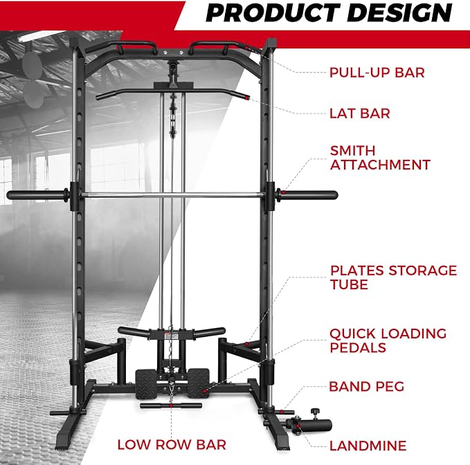 RitFit Smith Machine Power Rack with LAT-Pull Down System | Half Smith Machine with Landmine, Barbell Bar, Plate Storage Pegs and More Training Attachment