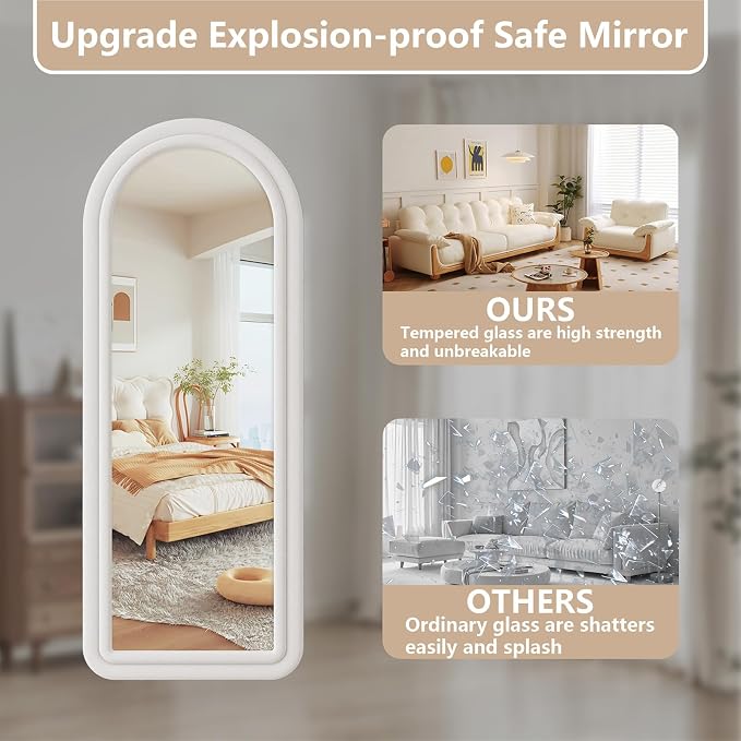 Arched Full Length Mirror 63"x24", Flannel Floor Mirror | Full Body Mirror with Stand, Flannel Mirrror Bedroom and Living Room, Wall Mirror Hanging or Leaning, White