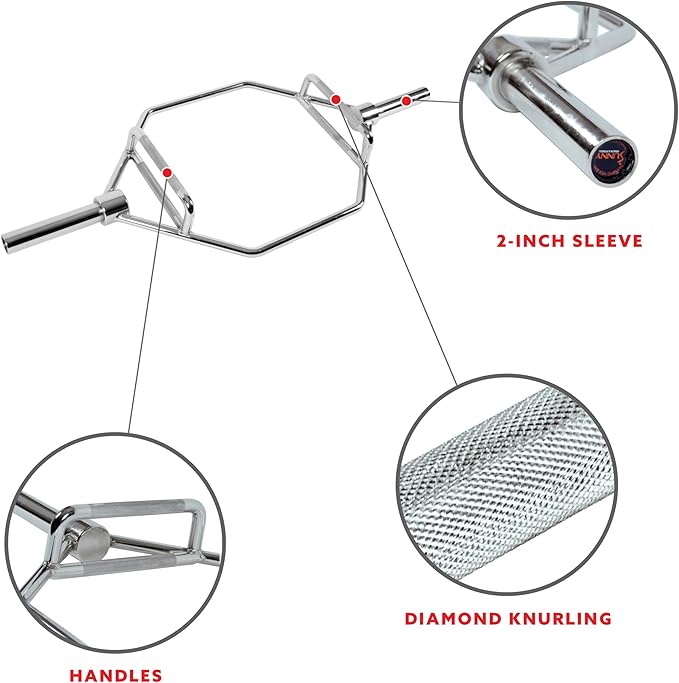 Sunny Health & Fitness Olympic Hex Trap Bar for Deadlifts, Home Gym Barbell | Fits 2" Olympic Plates, Diamond Knurled Grips, Deadlift Squat Shrug Farm Walk, Targets Legs Glutes Back Core & Grip