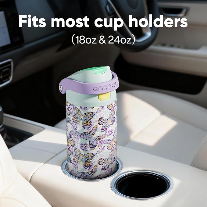 ENCOOL Leakproof Insulated Water Bottle with Straw Dual-Sip Water Bottle Bag-Safe Design for Work, Commute & Gym – Keeps Drinks Cold All Day, 24 oz, Mosaic Butterfly