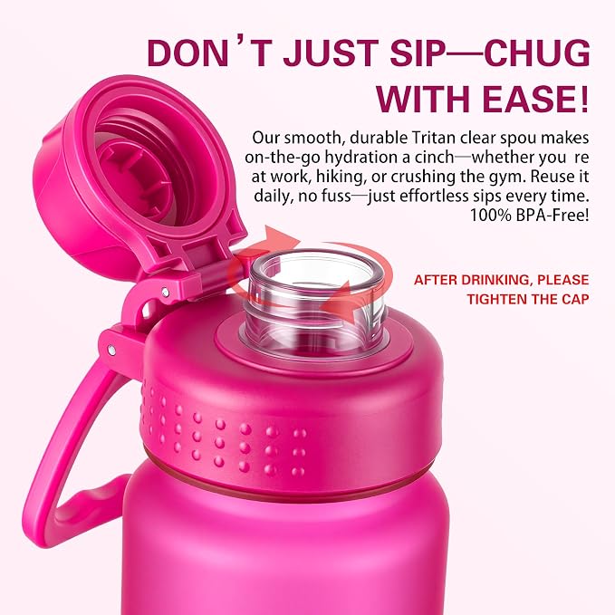 OLDLEY 32 oz Water Bottle with Handle, BPA-Free Tritan Reusable Sports Water Bottle with Leak-Proof Dust Lid, Wide Mouth, Cup Holder Friendly, Half Frosted Clear Bottle for Gym, Travel, Work,Hot Pink