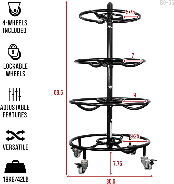 Valor Fitness 4-Tier Rolling Ball Storage Rack with Locking Wheels, Adjustable Sports Ball Organizer for Medicine Balls, Wall Balls, Slam Balls, Weighted Exercise Balls and Fitness Equipment Storage