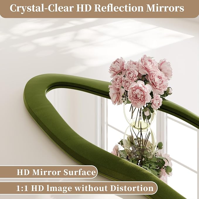 Full Length Mirror, 71"x30" Flannel Floor Mirrors with Stand | Irregular Wavy Mirror, Full Body Tempered Glass Mirror Hanging or Leaning Wall for Bedroom Living Room, Green