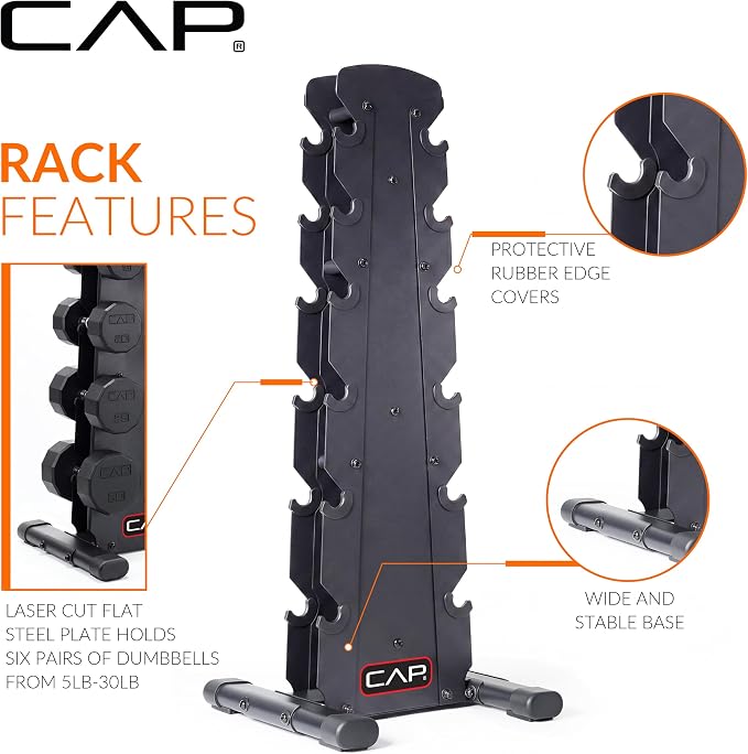 CAP Rubber Coated Hex Dumbbell Set with Storage Rack | 100–210 lb Options, Space-Saving Vertical Compact Storage for Home Gym Strength Training