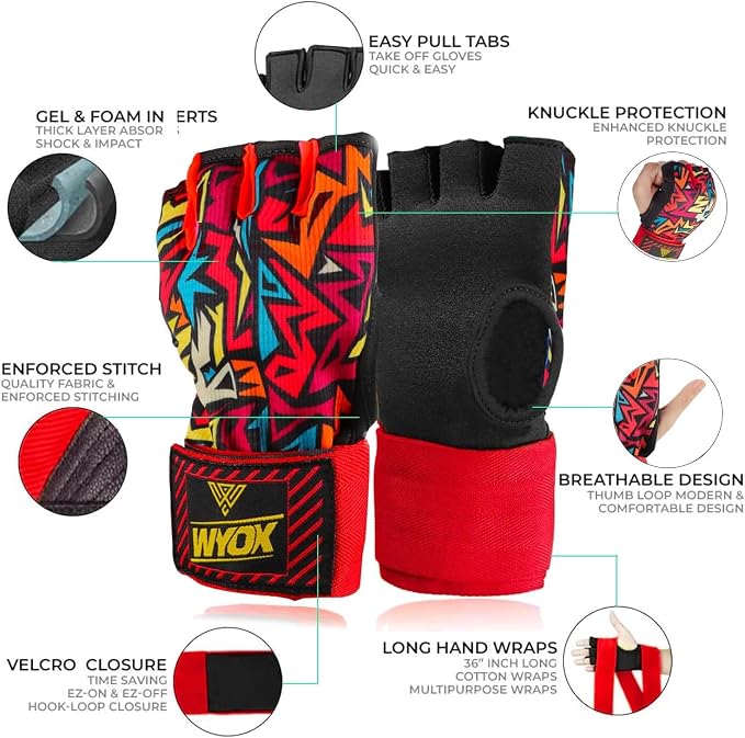 WYOX Neoprene Gel Boxing Hand Wraps Inner Gloves for Men & Women – 80cm/31in Quick Wrist Strap, Padded Knuckle Protection, Fingerless MMA Muay Thai Kickboxing Wraps for Training & Martial Arts