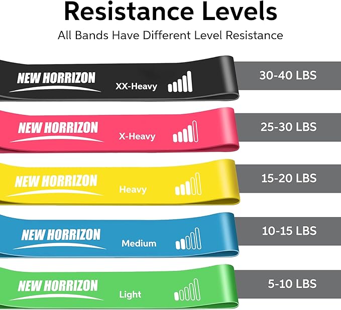 New Horrizon Resistance Bands for Working Out Set of 5 with Carry Bag, Resistance Loop Exercise Bands for Strength Training, Physical Therapy & Pilates, Home Gym Workout Equipment for Men & Women