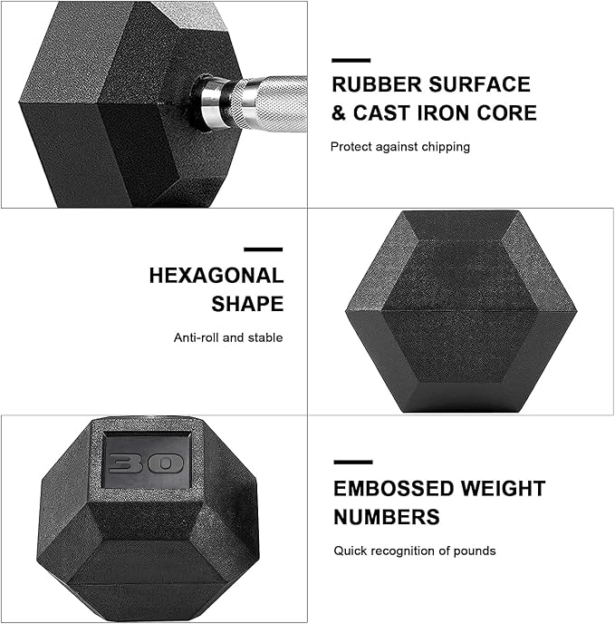 LIFERUN Rubber Coated Hex Dumbbell Set of 2, 30-85lb Cast Iron Free Weights | Anti-Slip Dumbbells, Hex Shape Prevents Rolling, Durable Home Gym Free Weights for Full-Body Strength Training