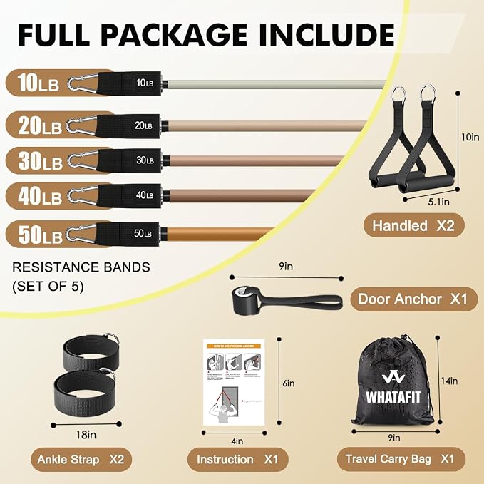 WHATAFIT Resistance Bands with Handles, 5-Level Exercise Bands for Workout | Natural latex,10-50 lbs, stackable to 150,Ankle Straps, Door Anchor,Guide. For Strength, Yoga,Home Gym,Travel & Workout.
