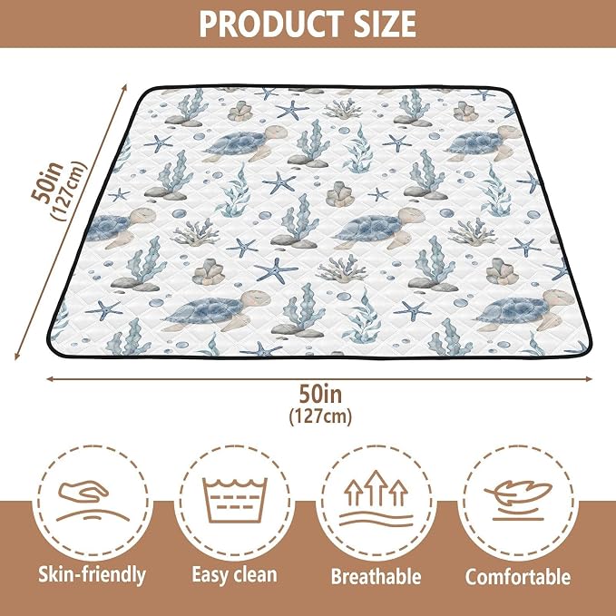 Baby Play Mat Sea Turtle Seashell Starfish 50" X 50" Play Gym Crawling Mat Soft Non-Slip Portable Picnic Floor Mat for Infant, Babies, Toddler, Kids