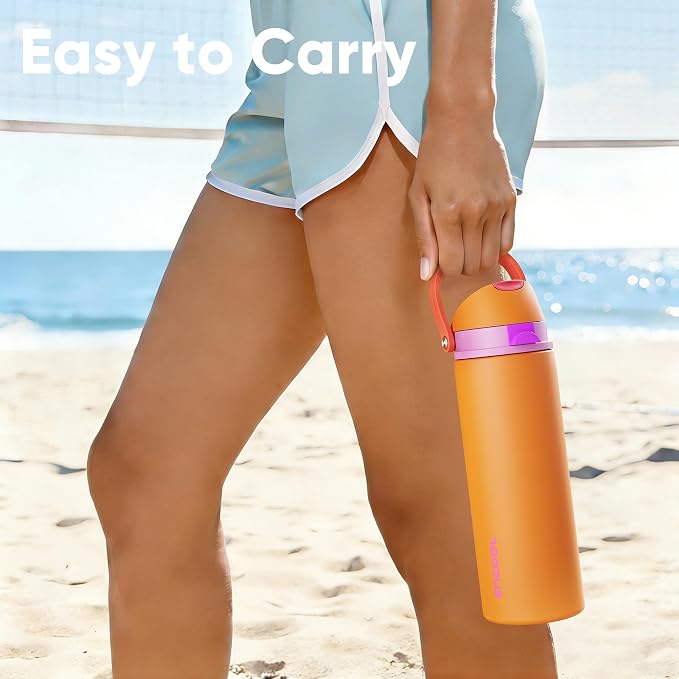 Insulated Water Bottle with Straw - Encool Stainless Steel Water Bottle with Push Button Lid, Leak-Proof & BPA-Free, Keeps Cold for 24 Hours for Sports, Travel, Gym (24 oz, Tiger Eye)