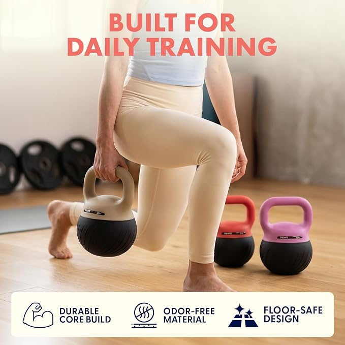 Squatz Soft Drop Kettlebell Set for Home Gym Strength Training - Cushioned Base Kettlebell Set with Wide Grip Handle, Floor-Safe Design, 15 lb, 20 lb, and 25 lb Weights for Full Body Workouts