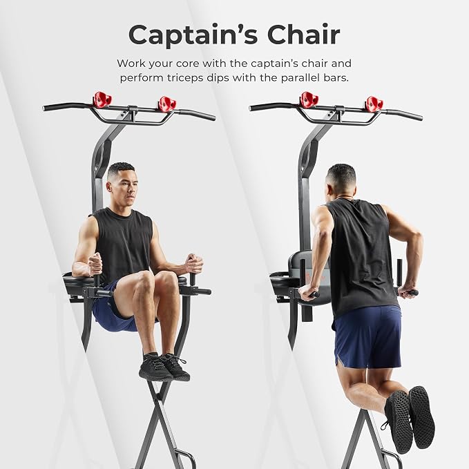 Sunny Health & Fitness Power Tower and Dip Station for Home Training | Multi-Function Strength Training, Pull-Up And Dip Stations, Padded Grips, Sturdy Frames, Captain's Chair