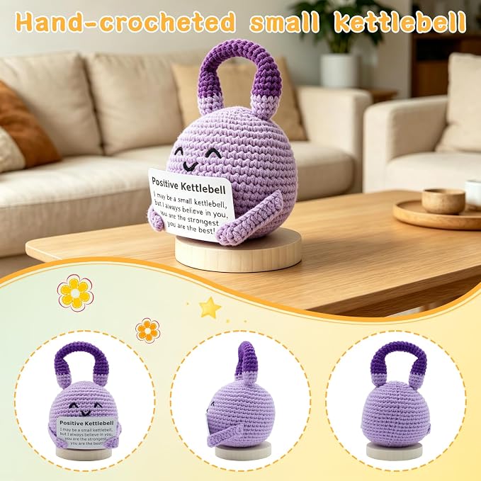 Crochet Knitted Kettlebell, 3.54 Inch Positive Kettlebell with Encouraging Card, Unique Fitness Themed Gift for Home Office Room Desktop Decoration