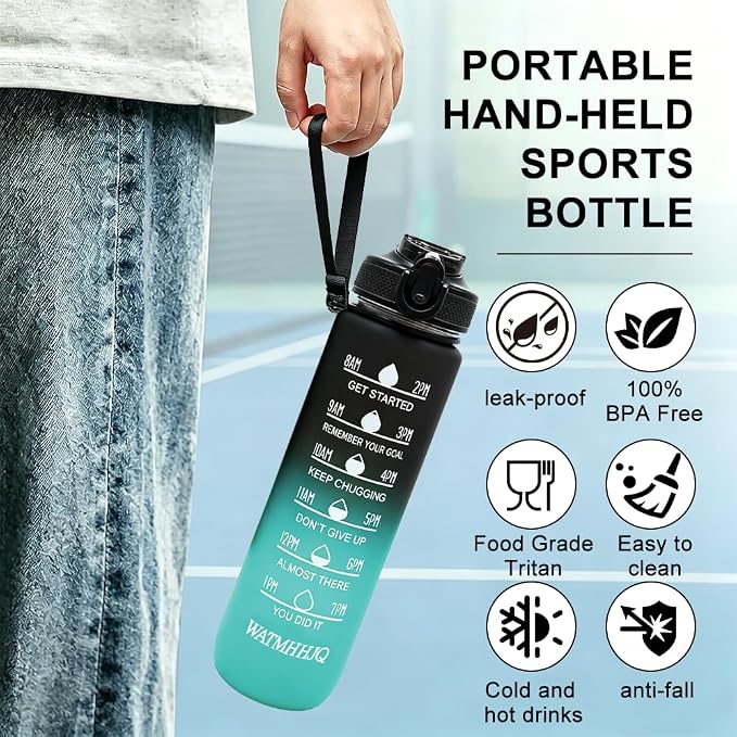 32oz Sports Water Bottle Outdoor, with Drinking Time and Capacity Labels, Sport Water Cups with Straw,BPA Free Leak Proof,for Fitness Gym Running Climbing(Black green)