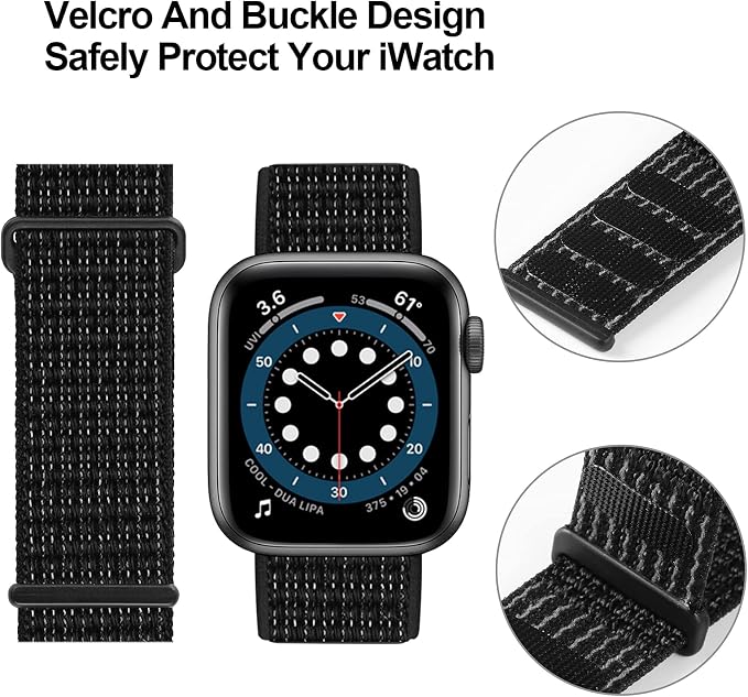 Sport Loop Band Compatible with Apple Watch Band 38mm 40mm 42mm 44mm iWatch Series 6 5 SE 4 3 2 1 Strap, Nylon Velcro Women Men Stretchy Elastic Braided Adjustable Wristband, 42mm 44mm Laser Black | Braided Nylon Band for Apple Watch 42mm 44mm, Adjusta...