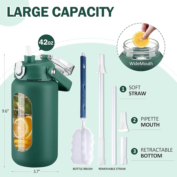 42oz Glass Water Bottles with Straw, Motivational Glass Bottle with Silicone Sleeve and Time Marker, Leakproof Large Glass Water Jug for Gym Home Office, Ink green