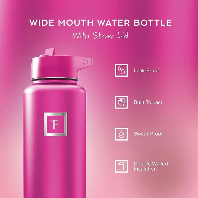 IRON °FLASK 40 oz Wide Mouth Water Bottle with Straw | Insulated Stainless Steel Sports Water Bottle with Leakproof Straw Lid - BPA Free, Cold 24 Hrs, Sweat Free (Pink Tulip)
