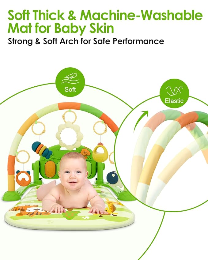 dearlomum Green Dinosaur Theme Baby Play Mat Gym with Kick & Play Piano | Tummy Time Activity Mat with 5 Infant Sensory Toys, Music and Lights, Boy & Girl Gifts for Newborns 0 to 3 6 9 12 Months