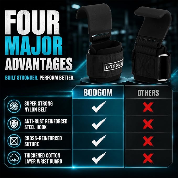 Weight Lifting Hooks (Pair) for Men & Women, Deadlifts & Pull Ups | Heavy-Duty Anti-Slip Steel Hooks, Adjustable Padded Wrist Support for Powerlifting Rows & Shrugs, Breathable Anti-Bacterial