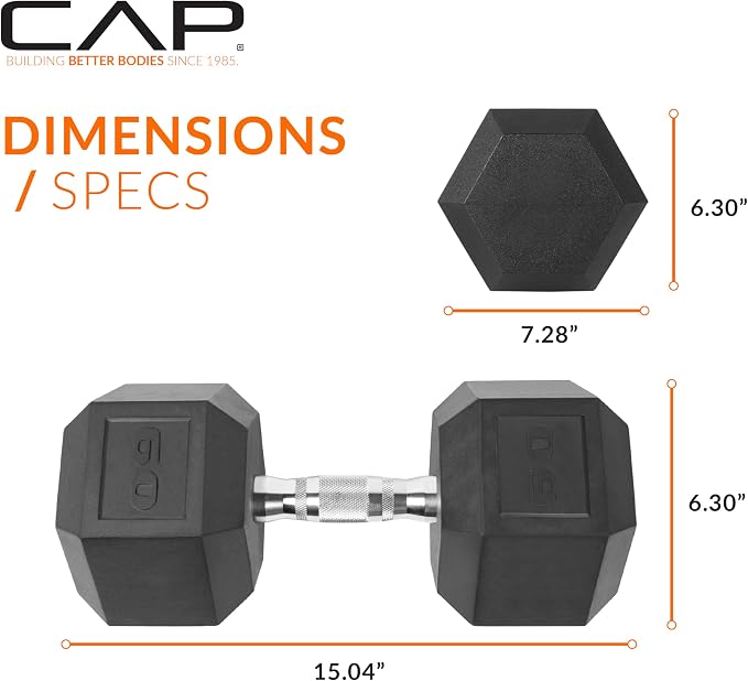 CAP Rubber Coated Dumbbell Weights, Free Weights for Home Gym Strength Training, Anti-Roll Hex Dumbbells with Black, Chrome & Comfort Grip Handles, Singles