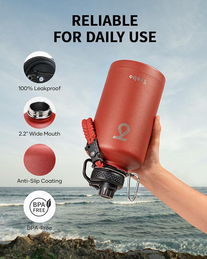 Trebo 64 oz Water Bottle Stainless Steel with 3 Lids, Paracord Handle & Bag | Half Gallon Large Insulated Jug, Triple Wall Vacuum Copper Plated, Dishwasher Safe, Cold 48Hrs for Outdoor, Hiking, Gym