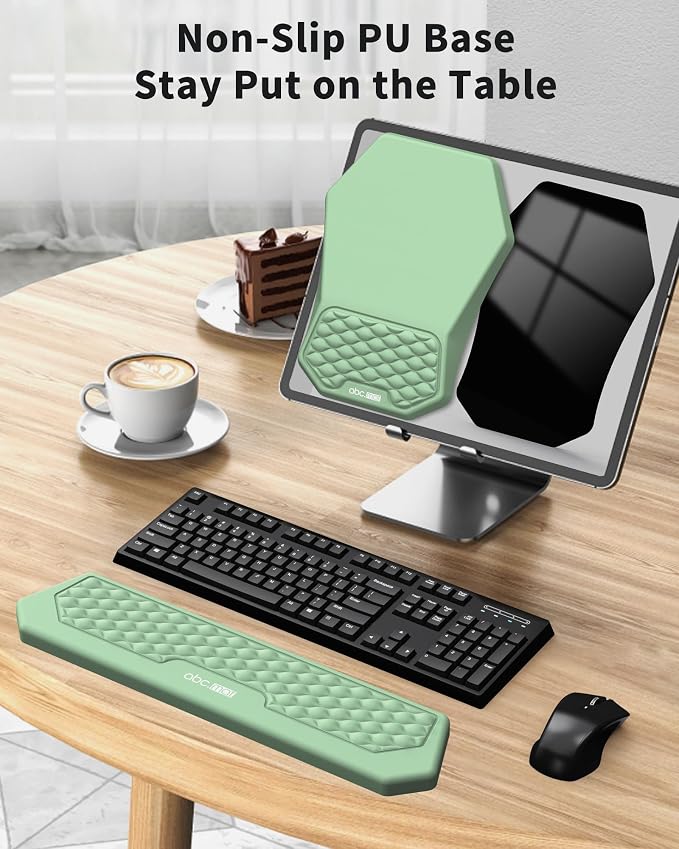 Ergonomic Mouse Pad Wrist Rest and Keyboard Wrist Rest Support Set | Massage Design Mousepad for Carpal Tunnel Pain Relief, Memory Foam, Non-Slip PU Base for Computer Desk, Green