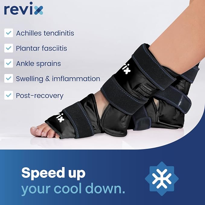 REVIX Ice Packs for Ankle, Reusable Cold Pack, 2 Packs, Black | Foot Ice Wrap with Soft Plush Lining, Flexible Gel Pack for Plantar Fasciitis, Achilles Tendonitis, Sprained Ankle