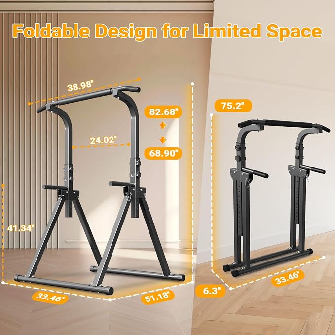 YYJO Foldable Pull Up Bar Free Standing Multi-function Power Tower Dip Bar with Assistance Bands Home Gym Strength Training Equipment